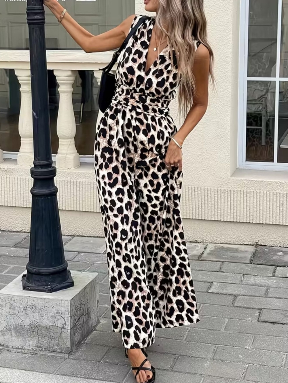 Leopard Print Wide-Leg Jumpsuit - Beige/Black
